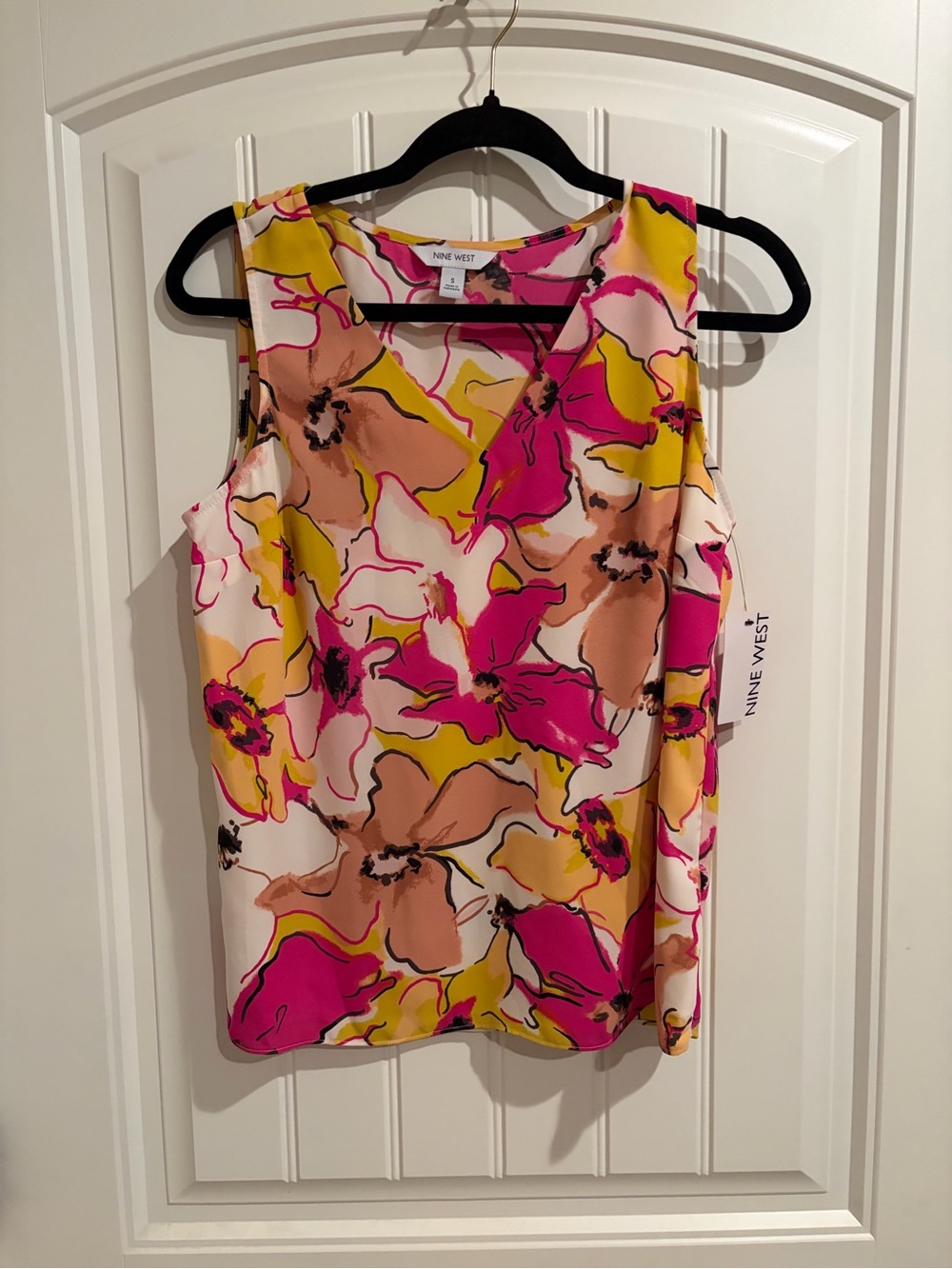 Nine West Vibrant Floral V-Neck Sleeveless Blouse - Pink, Yellow, Cream